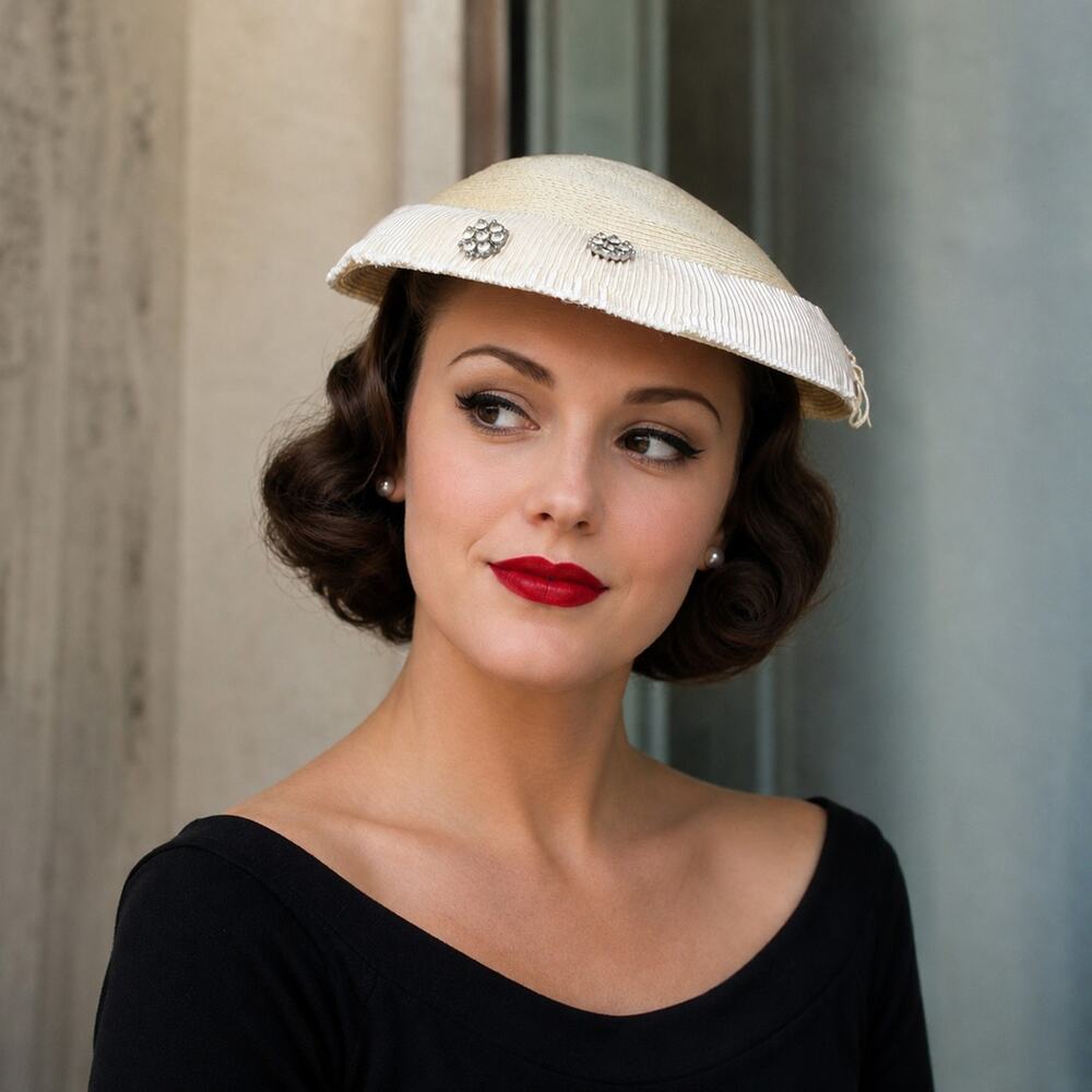 Vintage 50s Ivory Platter Hat w Rhinestone & Pleated Trim 11" Across - Hey Viv - Picture 2 of 9